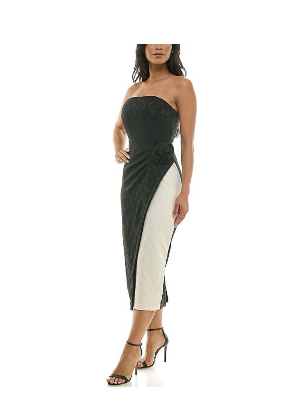 Maison Tara Strapless Black Dress with White Side Panel